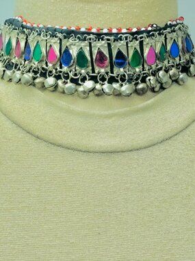 Afghan Choker Necklace & Earrings: Multicolor Glass Stone Jewelry Set